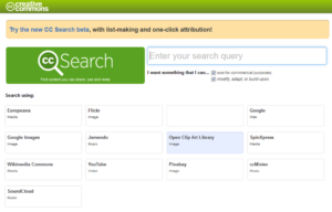 creative commons Startseite: verschiedene Suchmaschinen sind anklickbar (z.B. jameda, Pixabay, Flickr)