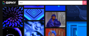 Suchseite von giphy.com mit "blue" als Suchbegriff. Verschiedene Bilder in blauer Farbe sind zu sehen.