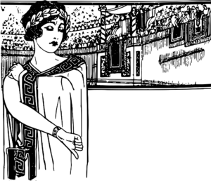 schwarz-weiße Grafik vom Colosseum mit einer Person, die mit dem Daumen nach unten zeigt